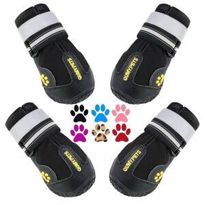QUMY Dog Boots & Paw Protectors for Snow, Hot Pavement, Rain, Anti Slip, Black